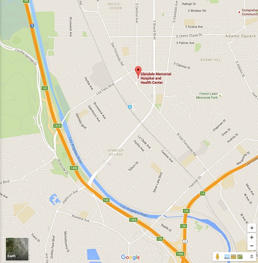 Map showing streets around Glendale Memorial Hospital