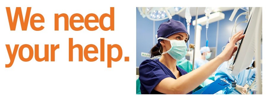 We Need Your Help Text with Nurse in Scrubs image beside text